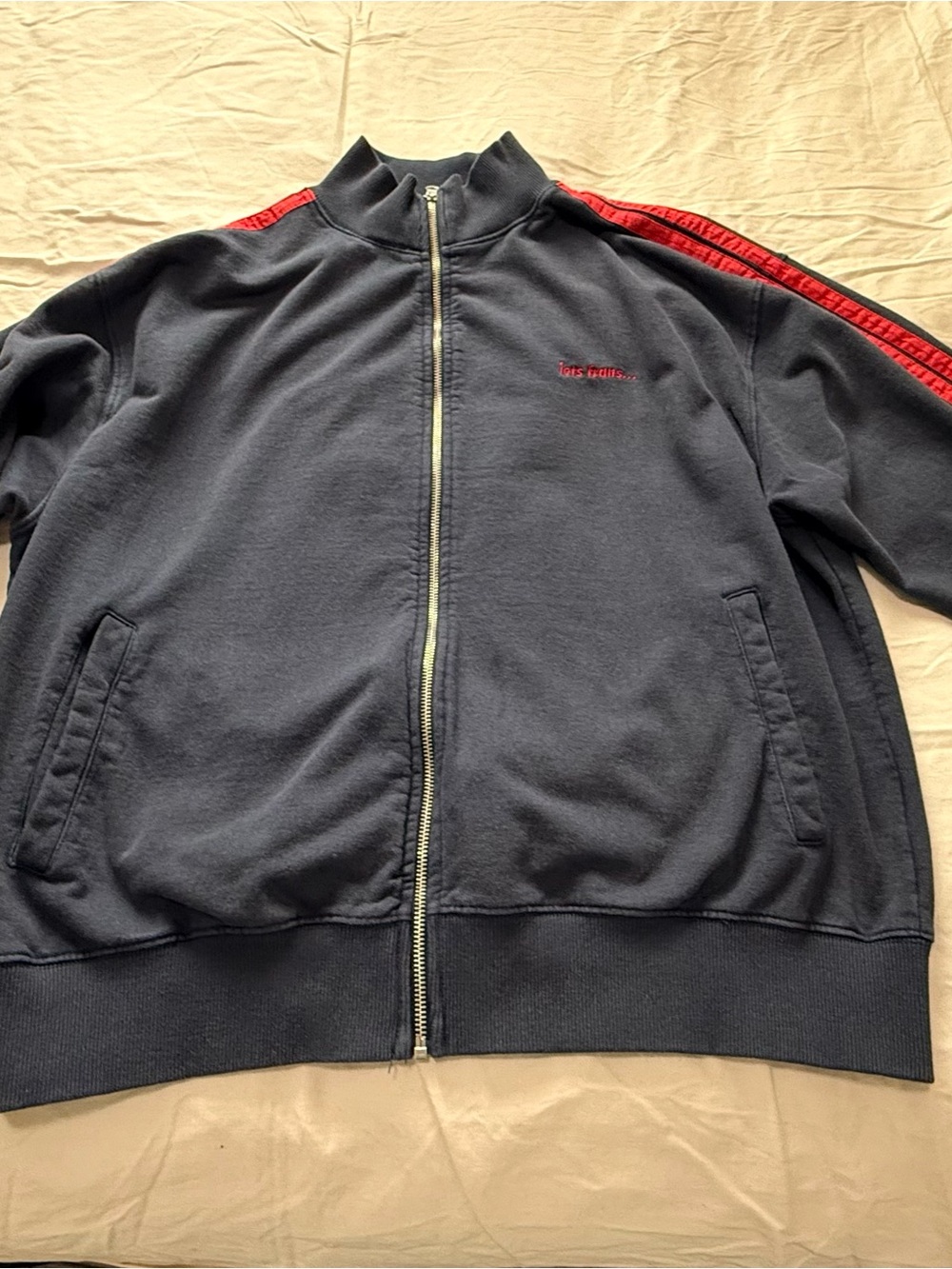 Urban Outfitters “lets frans…”Men's Navy Zip-Front Track Jacket navy and red